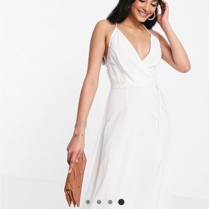 White bridal wrap maxi dress with lace up back
